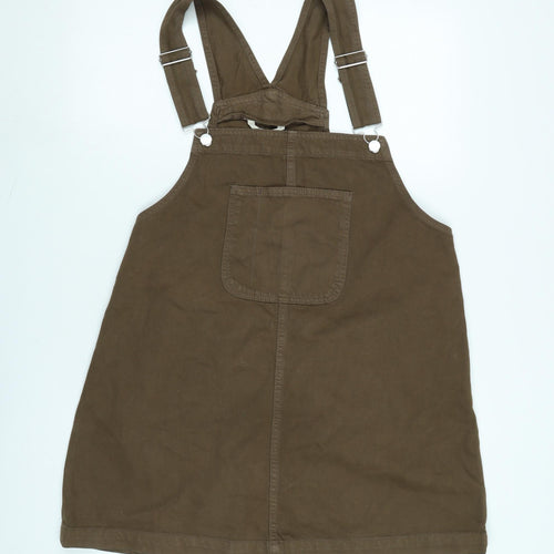 Monki Womens Brown Cotton Pinafore/Dungaree Dress Size 10 Square Neck Snap - Adjustable Straps