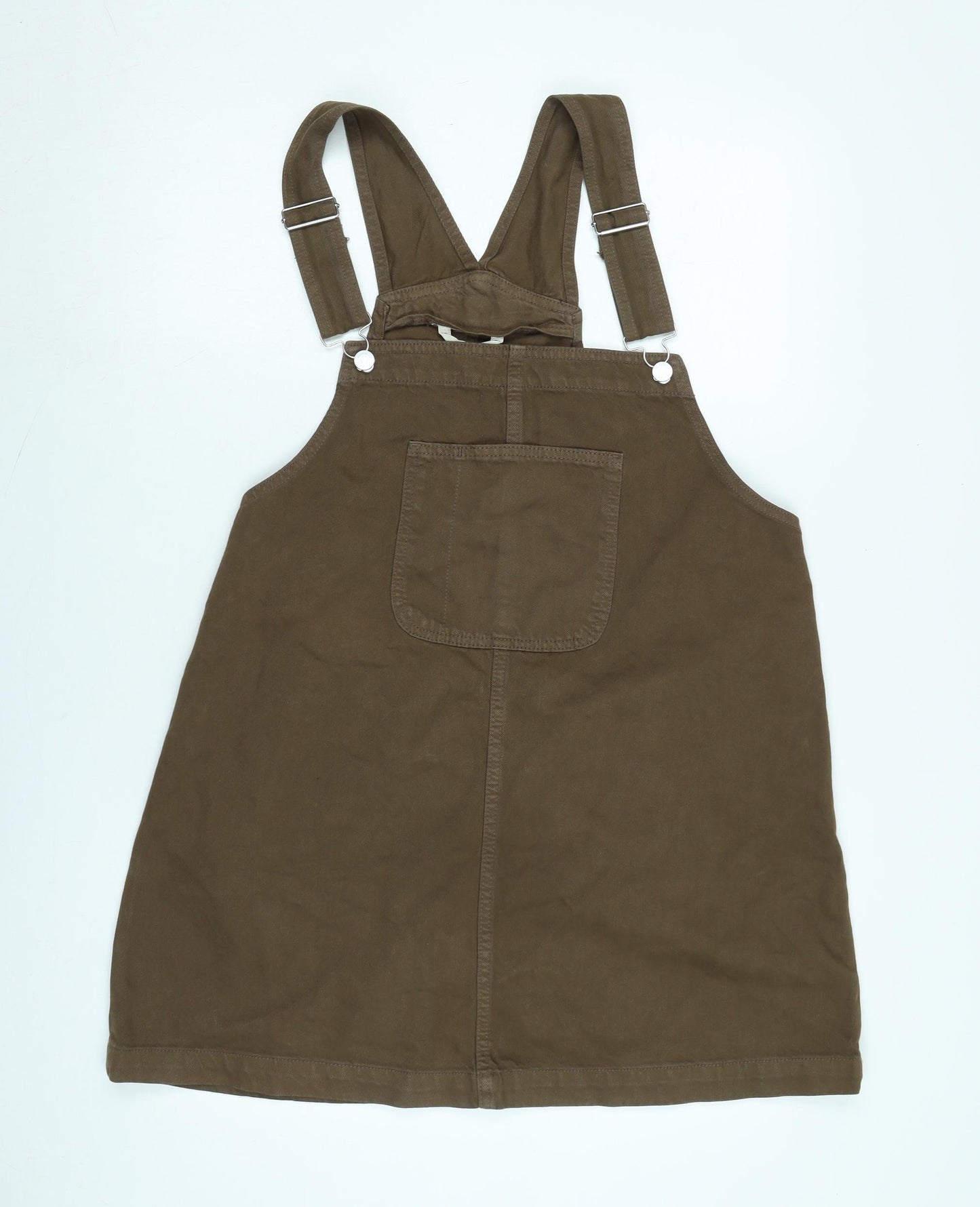 Monki Womens Brown Cotton Pinafore/Dungaree Dress Size 10 Square Neck Snap - Adjustable Straps