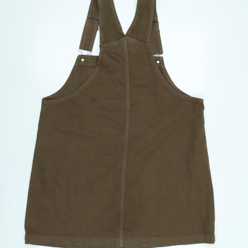 Monki Womens Brown Cotton Pinafore/Dungaree Dress Size 10 Square Neck Snap - Adjustable Straps