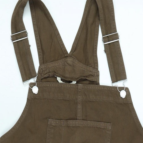 Monki Womens Brown Cotton Pinafore/Dungaree Dress Size 10 Square Neck Snap - Adjustable Straps