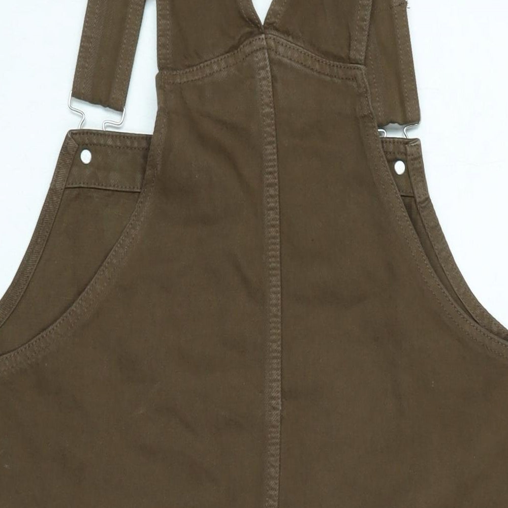 Monki Womens Brown Cotton Pinafore/Dungaree Dress Size 10 Square Neck Snap - Adjustable Straps