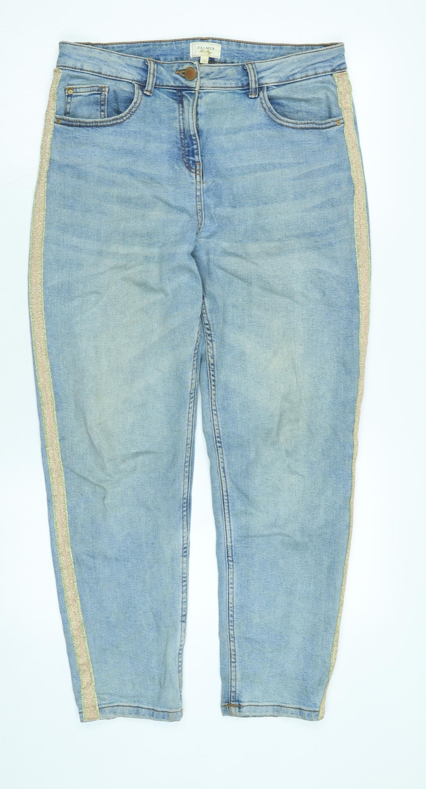 Falmer Womens Blue Cotton Blend Straight Jeans Size 12 L26 in Regular Zip - Gold Glitter stripe