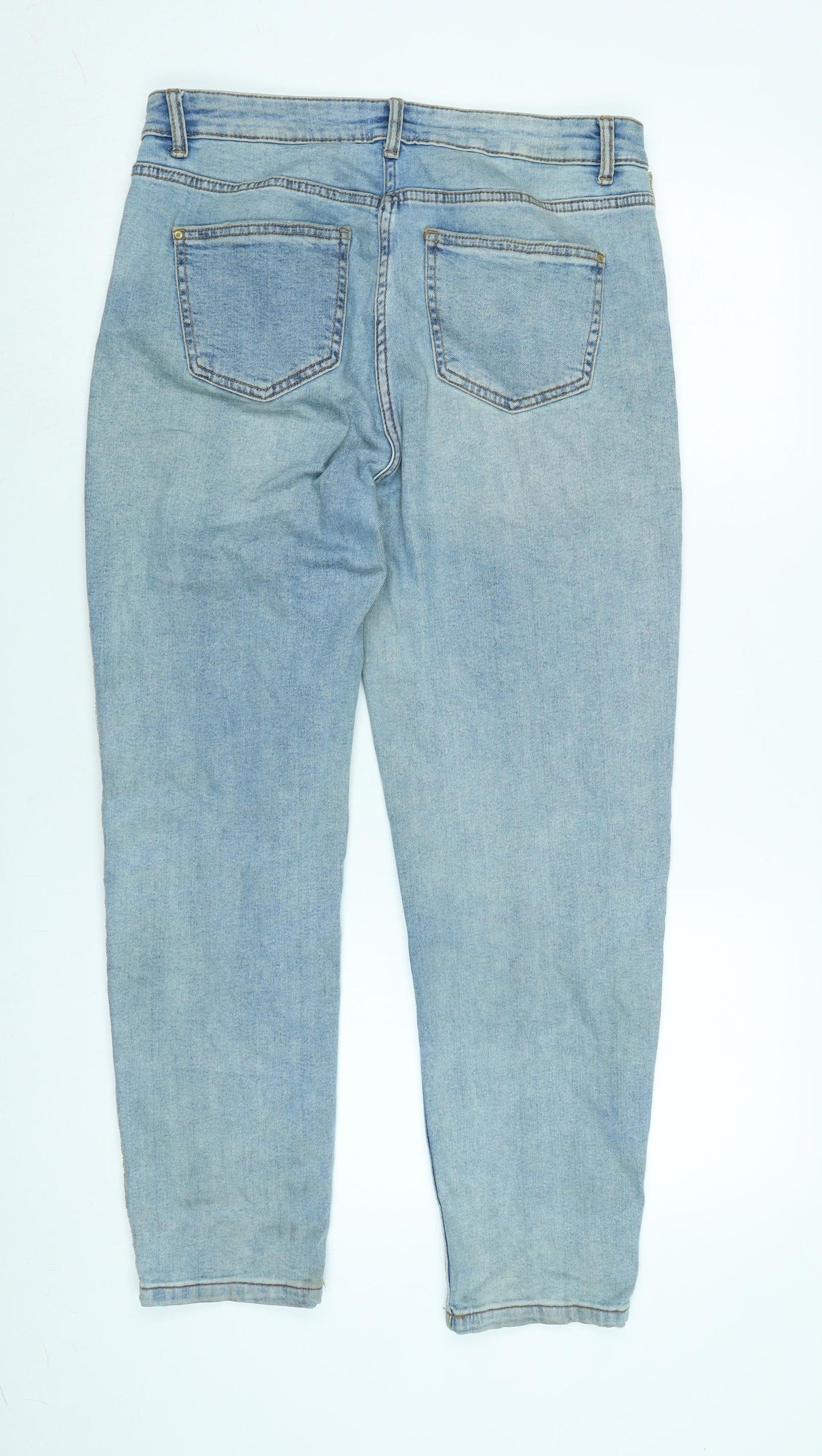 Falmer Womens Blue Cotton Blend Straight Jeans Size 12 L26 in Regular Zip - Gold Glitter stripe