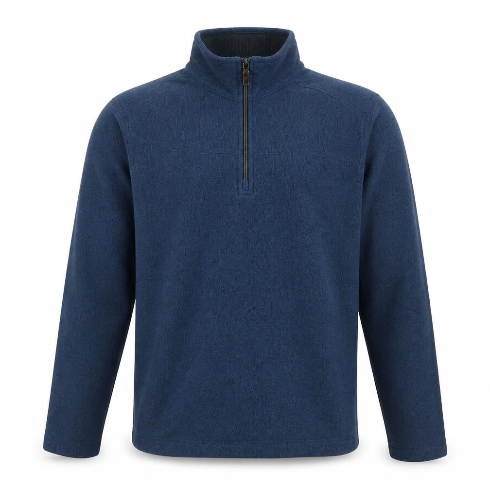 Front view of G H Bass & Co men’s blue polyester pullover sweatshirt, size L