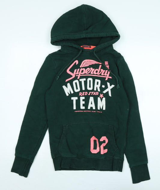 Superdry Womens Green Polyester Pullover Hoodie Size M - Logo - Superdry Motor X Team