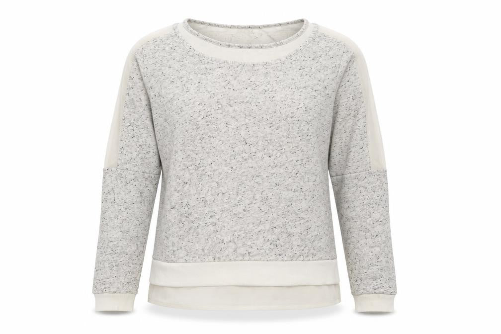 Front view of French Connection women’s grey polyester pullover sweatshirt, size M, - logo - chiffon panels