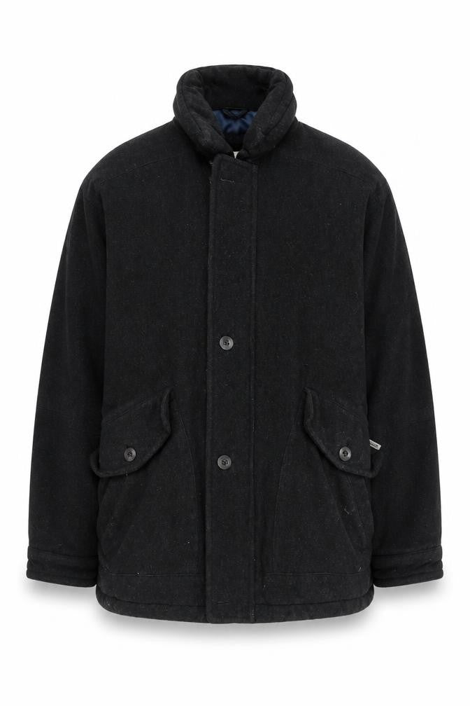 Front view of John Slim men’s black overcoat coat, size 44, zip