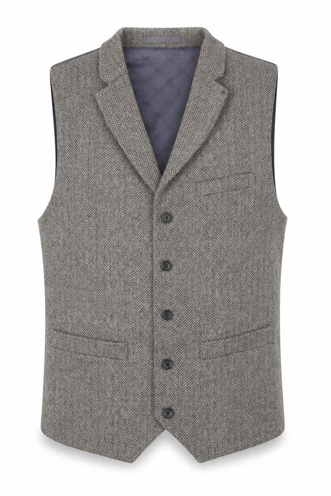 Front view of Hammond & CO men’s brown herringbone wool jacket suit waistcoat, size 38, regular