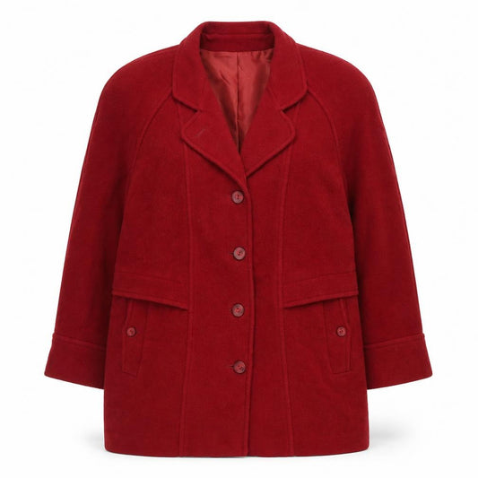 Front view of Modern Classics women’s red jacket coat, size UK 20, button