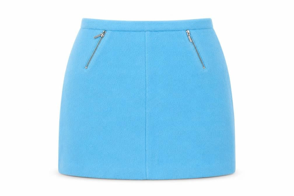 Front view of Marks & Spencer women’s blue polyester mini skirt, size UK 10, tie