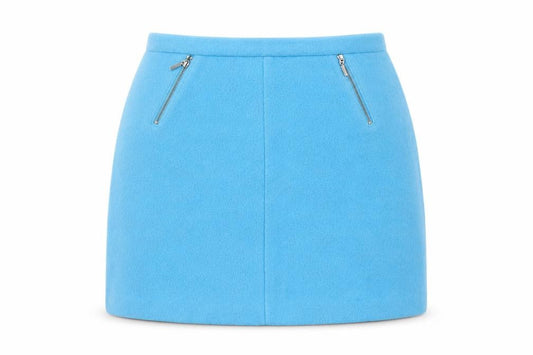 Front view of Marks & Spencer women’s blue polyester mini skirt, size UK 10, tie