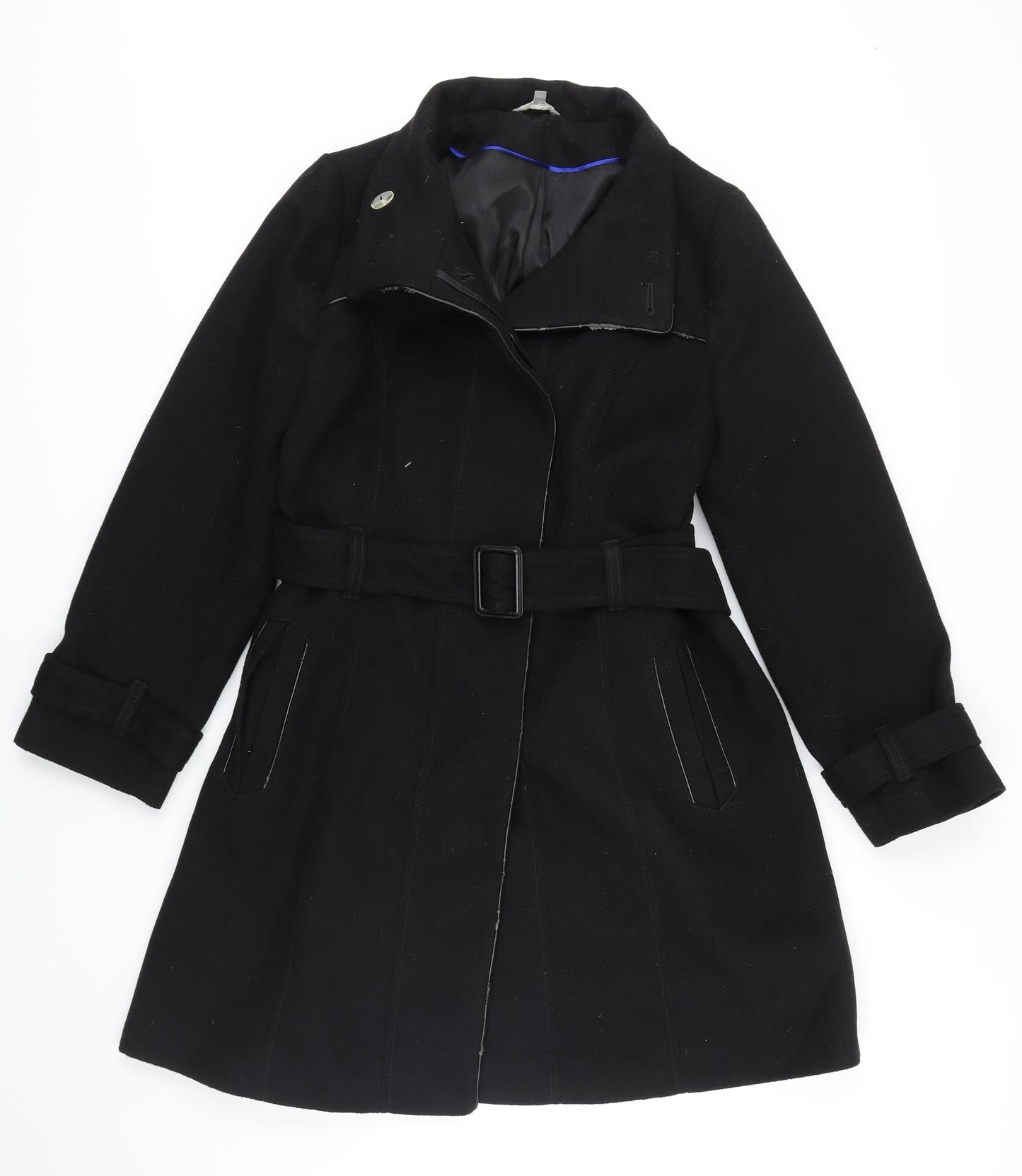 M&S Womens Black Overcoat Coat Size 14 Button