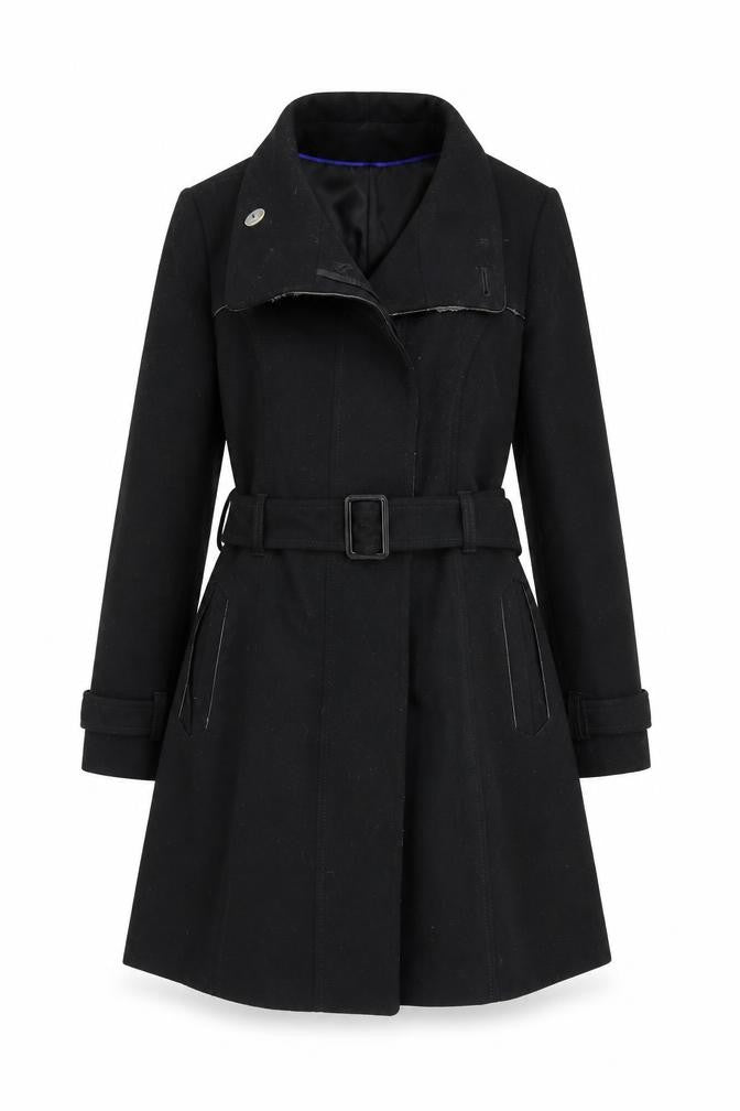 Front view of Marks & Spencer women’s black overcoat coat, size UK 14, button