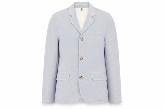 Front view of Peter Werth women’s blue striped jacket blazer, size S, button