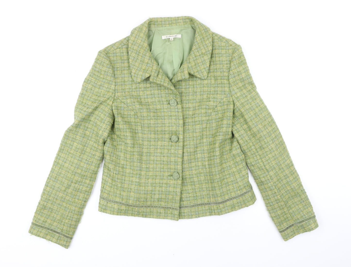 L.K. Bennett Womens Green Check Jacket Blazer Size 14 Button