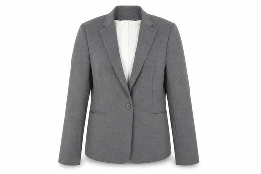Front view of H&M women’s grey jacket blazer, size UK 12, button
