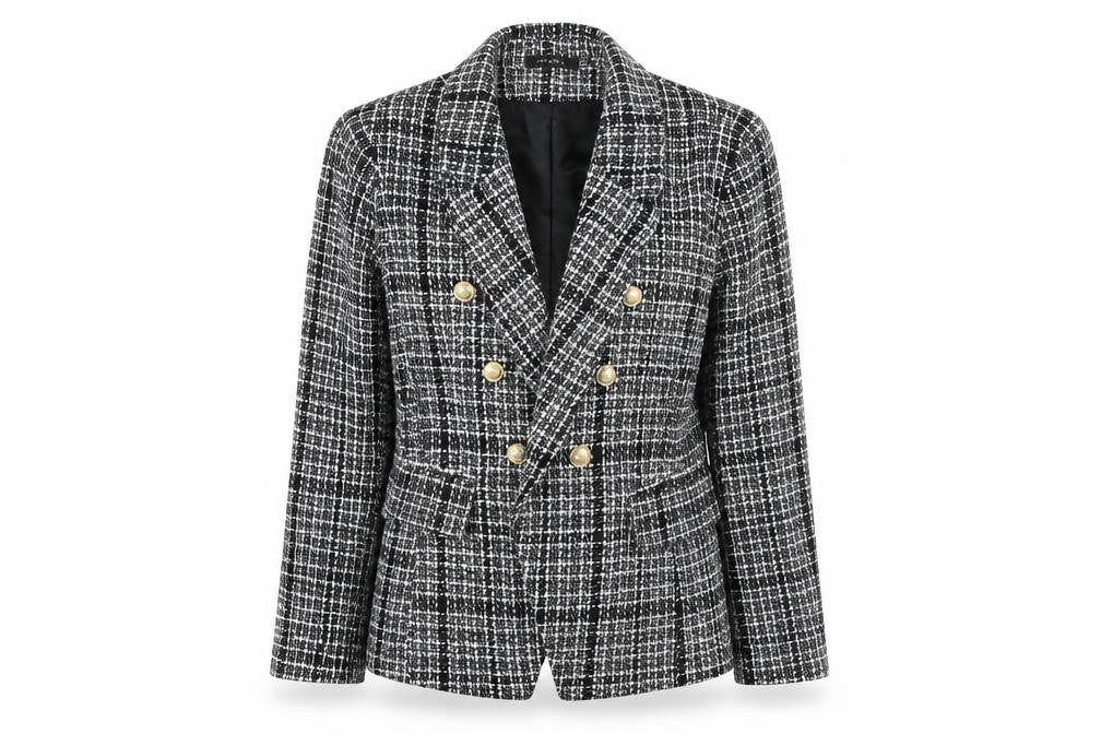 Front view of Naanaa women’s black check jacket blazer, size UK 14, button