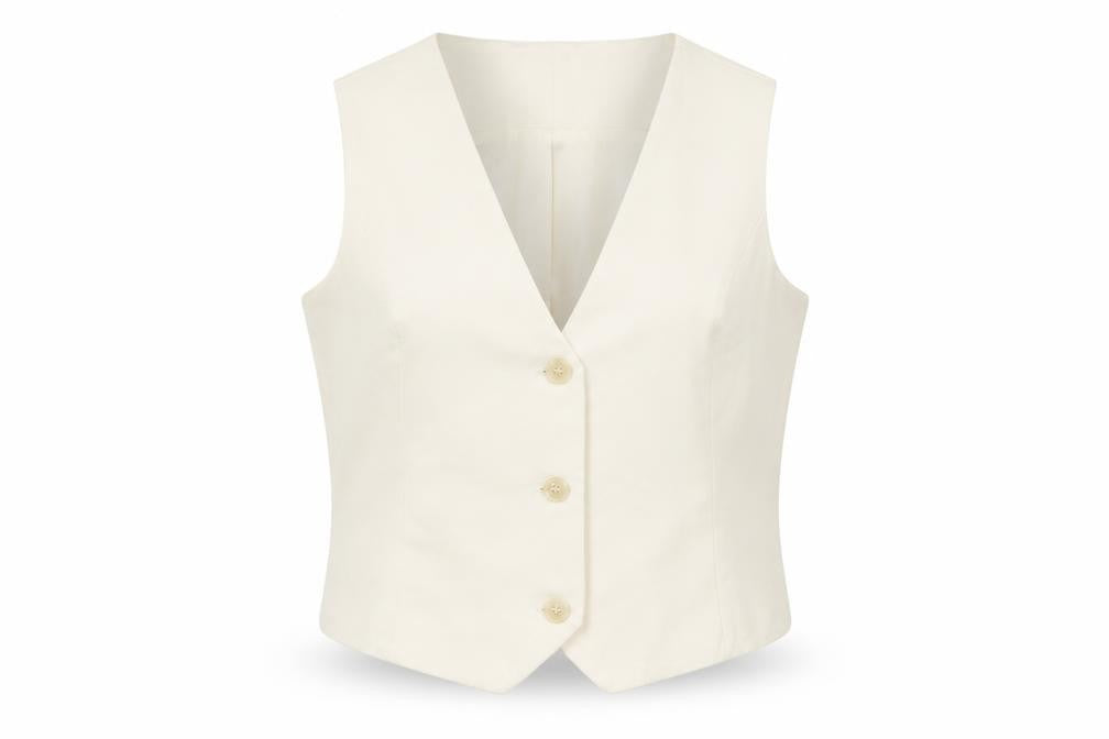 Front view of Motel Rocks men’s ivory polyester jacket suit waistcoat, size L, regular