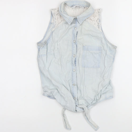 TALLY WEiJL Womens Blue 100% Cotton Cropped Blouse Size 6 Collared