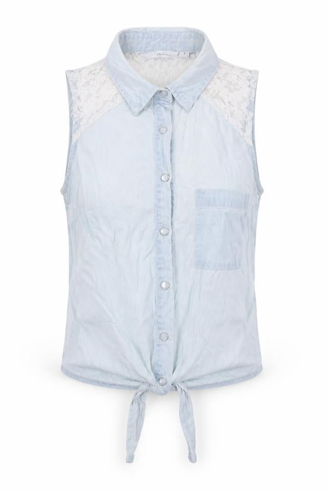 Front view of TALLY WEiJL women’s blue 100% cotton cropped blouse, size UK 6, collared