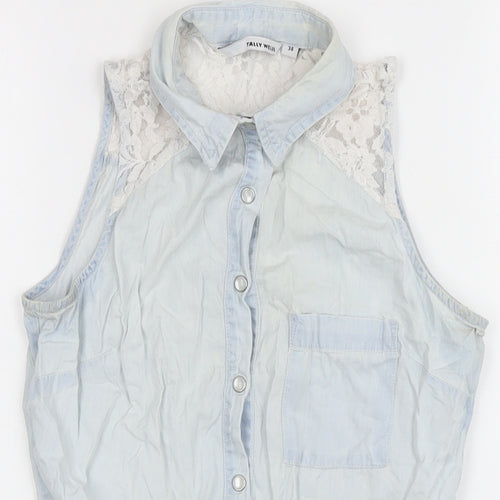 TALLY WEiJL Womens Blue 100% Cotton Cropped Blouse Size 6 Collared