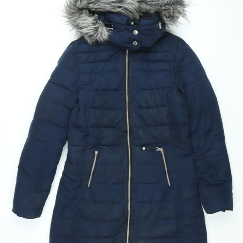 Per Una Womens Blue Puffer Jacket Coat Size 8 Zip - Faux Fur Hood