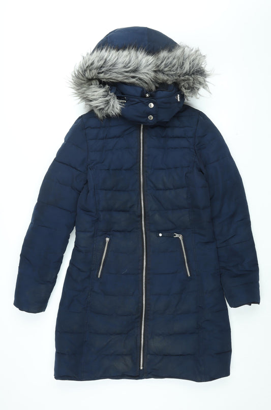 Per Una Womens Blue Puffer Jacket Coat Size 8 Zip - Faux Fur Hood