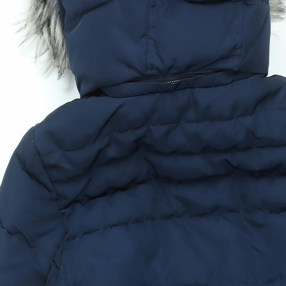 Per Una Womens Blue Puffer Jacket Coat Size 8 Zip - Faux Fur Hood