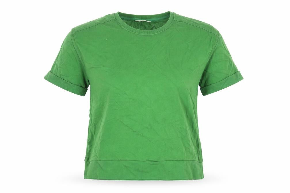Front view of Per Una women’s green cotton basic t-shirt, size S, round neck