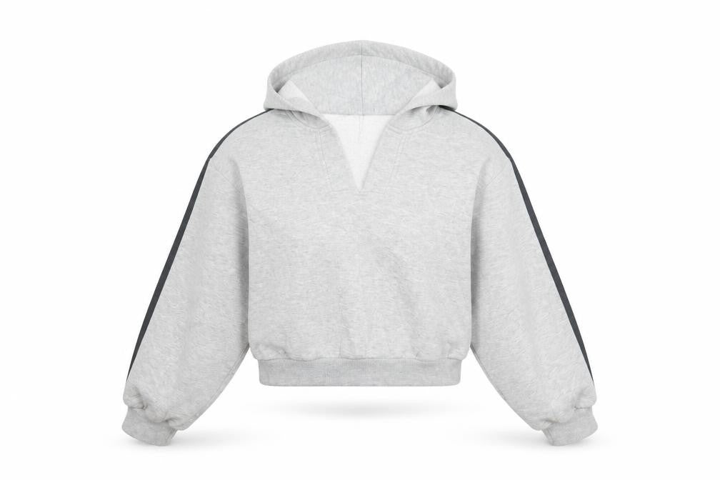 Front view of PRETTYLITTLETHING women’s grey cotton pullover hoodie, size S, pullover