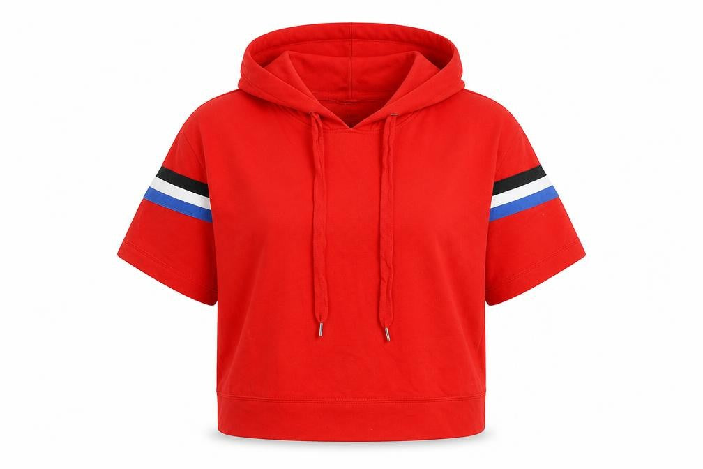 Front view of Bershka women’s red cotton pullover hoodie, size L, pullover