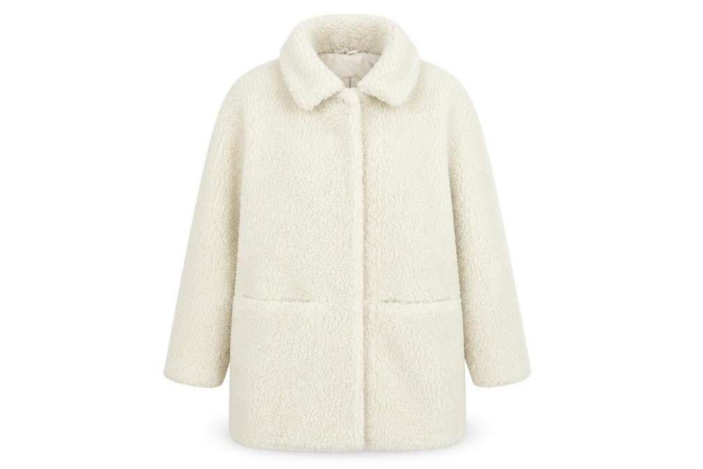 Front view of H&M women’s white overcoat coat, size L, snap