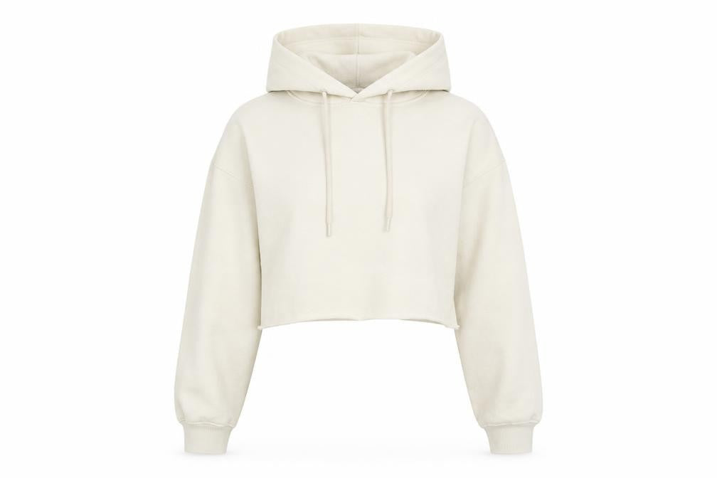 Front view of PRETTYLITTLETHING women’s beige cotton pullover hoodie, size S, pullover