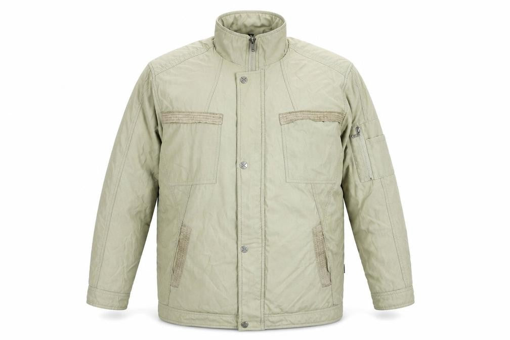 Front view of Saxon men’s beige jacket coat, size M, zip