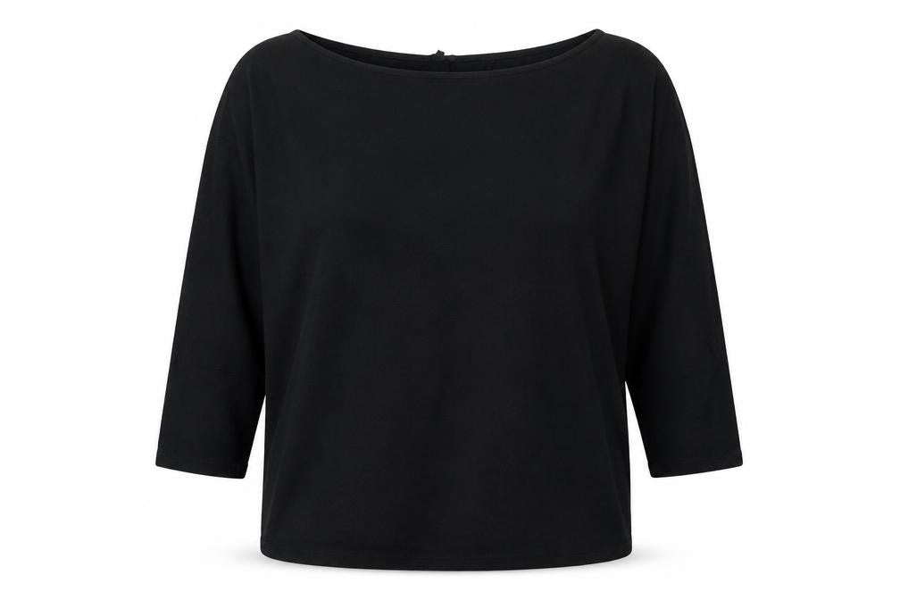 Front view of Friends Like These women’s black polyester basic t-shirt, size UK 22, round neck