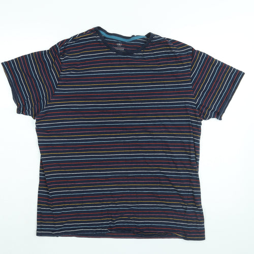 Marks and Spencer Womens Blue Striped Cotton Basic T-Shirt Size L Round Neck