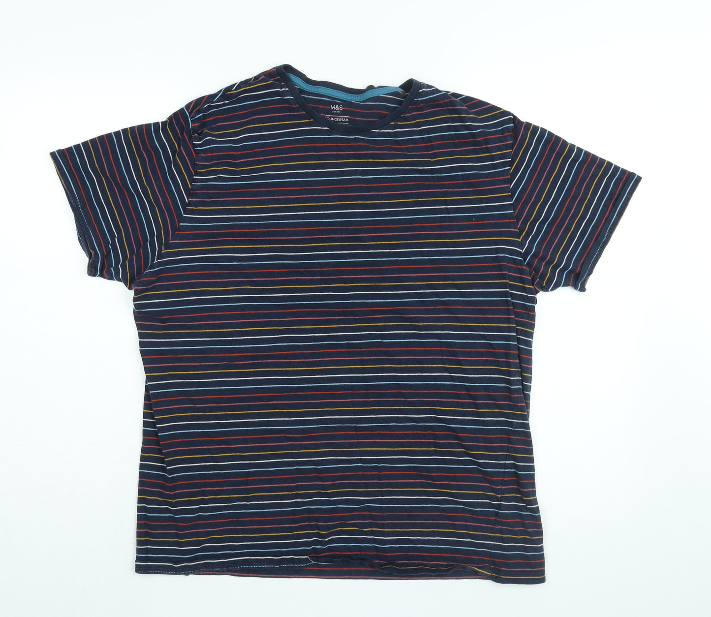 Marks and Spencer Womens Blue Striped Cotton Basic T-Shirt Size L Round Neck