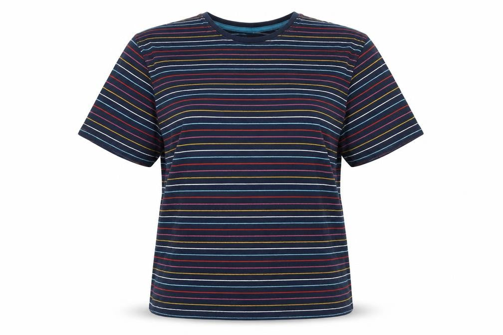 Front view of Marks & Spencer women’s blue striped cotton basic t-shirt, size L, round neck