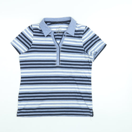 Bm Casual Womens Blue Striped Polyester Basic T-Shirt Size 10 Collared