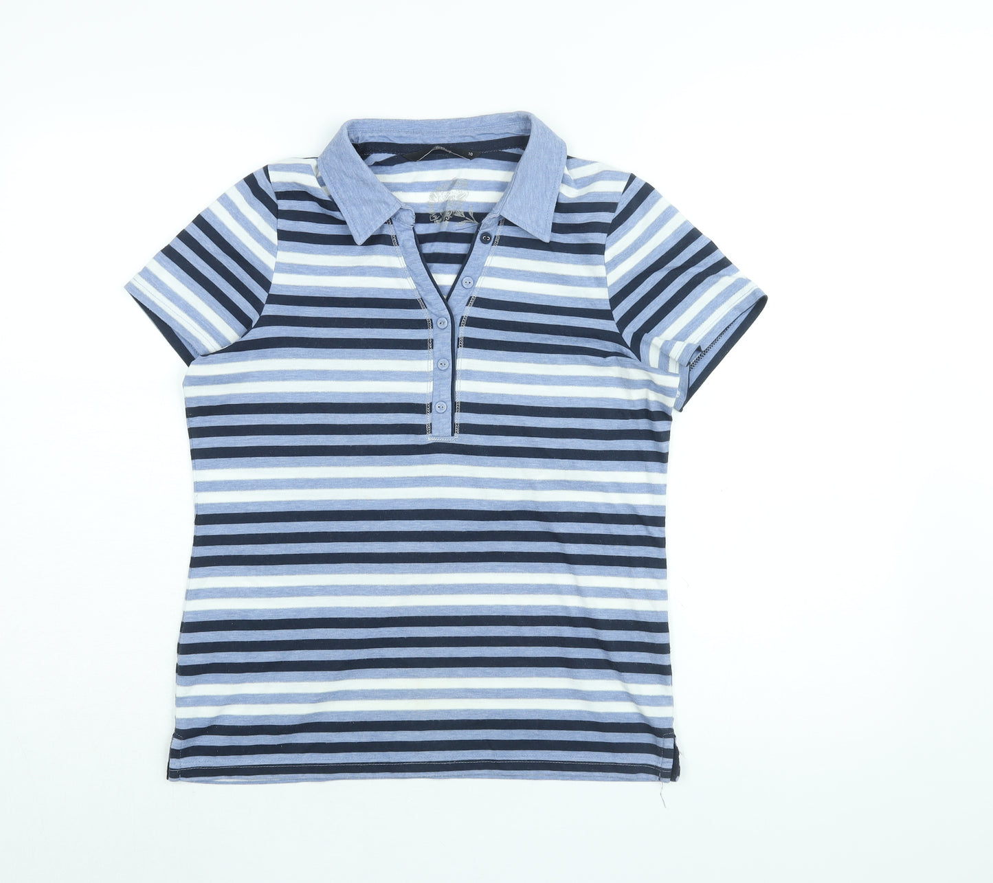 Bm Casual Womens Blue Striped Polyester Basic T-Shirt Size 10 Collared