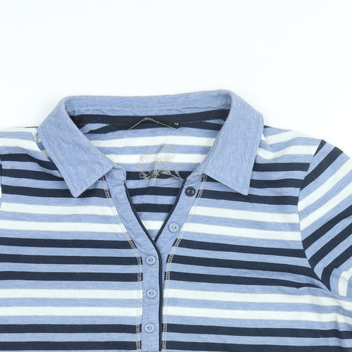 Bm Casual Womens Blue Striped Polyester Basic T-Shirt Size 10 Collared