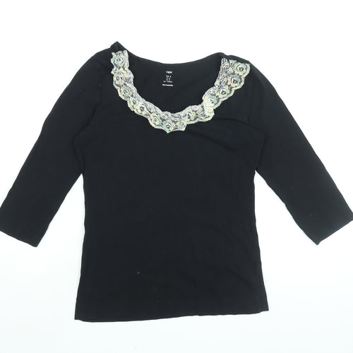 H&M Womens Black Cotton Basic T-Shirt Size M Round Neck - Frill Detail