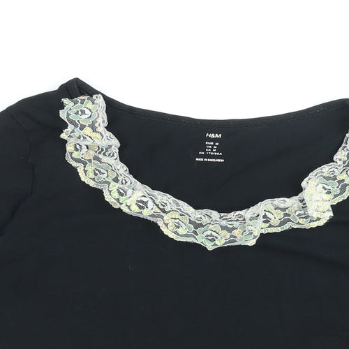 H&M Womens Black Cotton Basic T-Shirt Size M Round Neck - Frill Detail