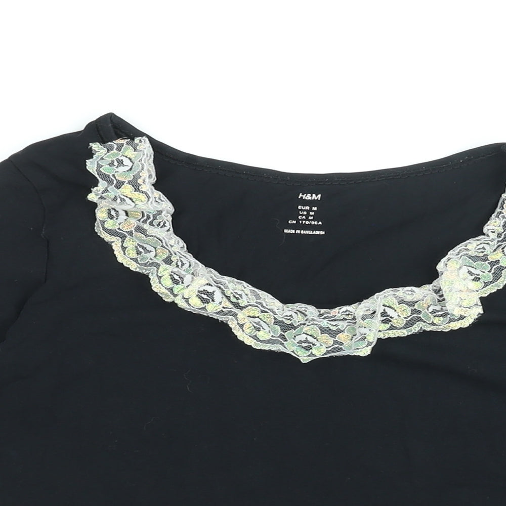 H&M Womens Black Cotton Basic T-Shirt Size M Round Neck - Frill Detail