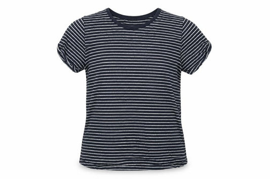 Front view of ASOS women’s blue striped cotton basic t-shirt, size UK 12, round neck