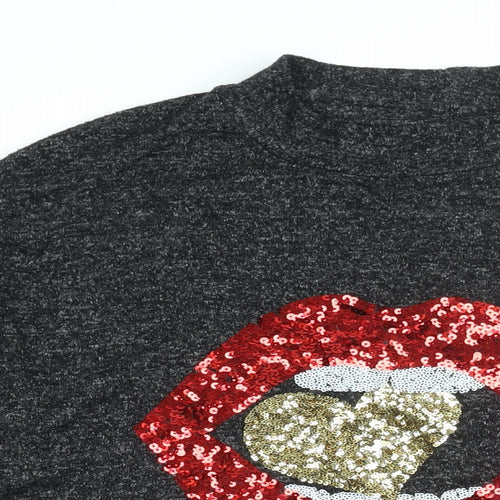 Yours Womens Black Viscose Basic T-Shirt Size 16 Round Neck - Lips, Sequins