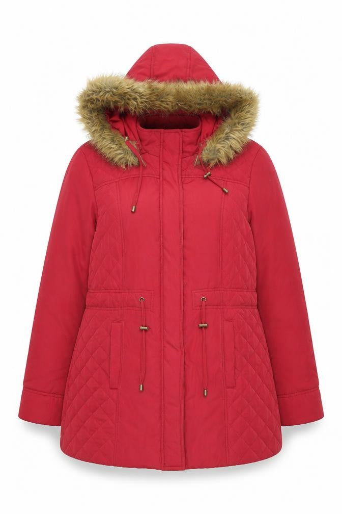 Front view of BHS women’s red overcoat coat, size UK 18, zip