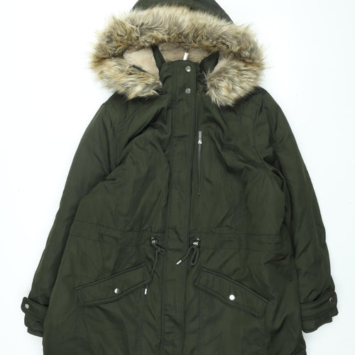 New Look Womens Green Parka Coat Size 20 Zip - Faux Fur Hood