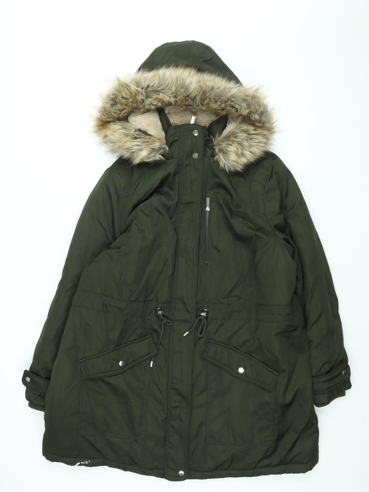 New Look Womens Green Parka Coat Size 20 Zip - Faux Fur Hood