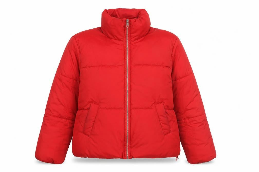 Front view of New Look women’s red puffer jacket coat, size L, zip